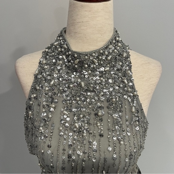 Adrianna Pappell Silver Sequined Halter Neck Evening Dress New with Tags 2 - Picture 5 of 10